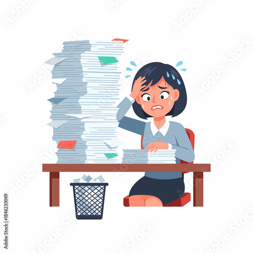 Woman Overwhelmed by Stacks of Paperwork.