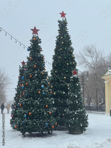 Festive Winter Scene, Serene Urban Square Decorated For Holiday Celebrations And Winter Charm