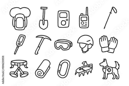 Essential camping and hiking gear icons: backpack, shovel, walkie-talkie, ice axe, helmet, dog.