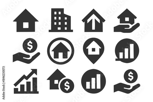 Real estate icons set: house, building, hand, dollar sign, growth chart.