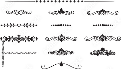 Collection of black decorative ornamental dividers and borders on white background Keywords: divider, border, ornamental, decorative, flourish