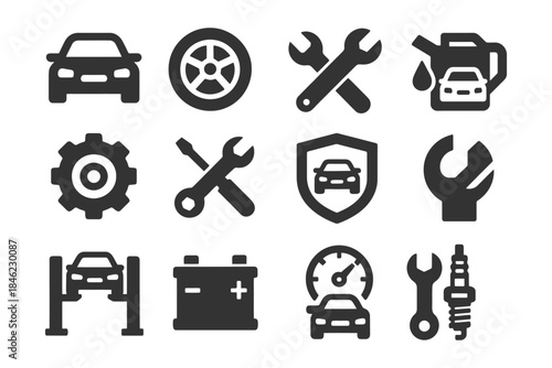 Automotive icons: tools, maintenance, and car parts symbols.