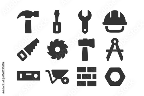 Collection of construction tool icons: hammer, screwdriver, wrench, helmet, saw, axe, compass.