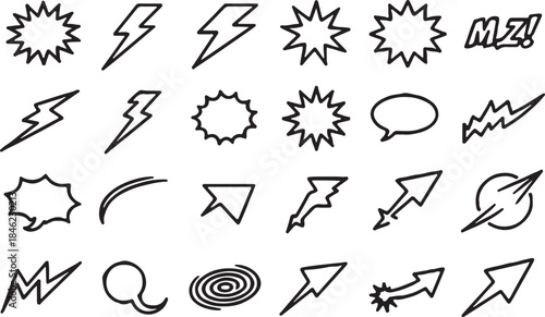 Collection of Hand Drawn Comic Style Explosions and Speech Bubbles Keywords: explosion, comic, speech bubble, lightning bolt, starburst, sound
