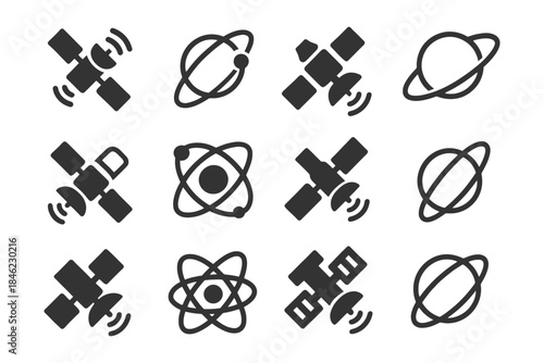 Space icons: satellites, atoms, and planets design elements.