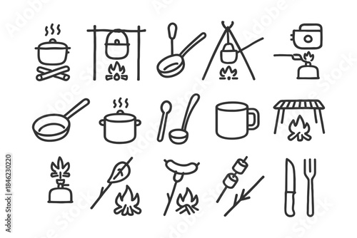 Camping cookware icons: pots, pans, kettles, campfires, grills, and utensils.