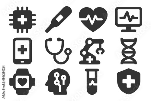 Healthcare technology icons: digital health tools and devices overview.