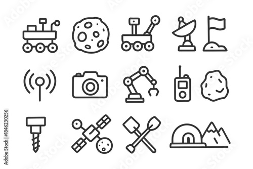 Space exploration icons set featuring rovers, satellite, and telescope.