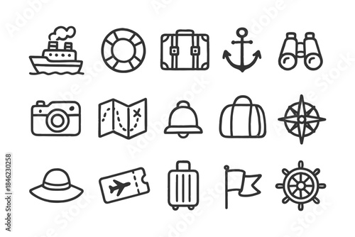 Travel and adventure icons: ship, luggage, anchor, map, compass, camera.