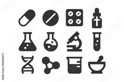 Science and medicine icons: microscope, dna, pills, test tube, beaker, mortar.
