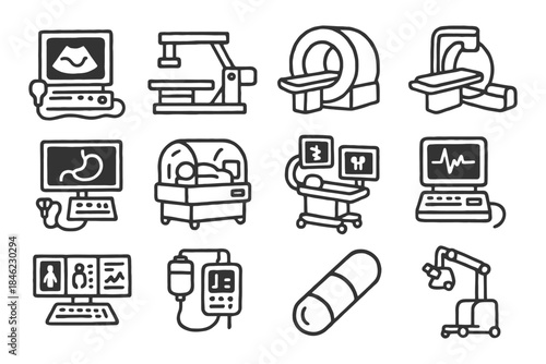 Medical equipment icons: imaging, monitoring, patient care, and robotics.