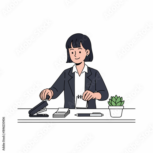 Woman Working at Desk with Stapler.