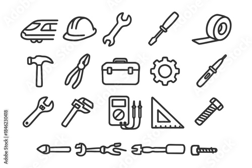 Tool icons: pliers, screwdriver, hammer, gear, toolbox, train, helmet, tape, wrench.