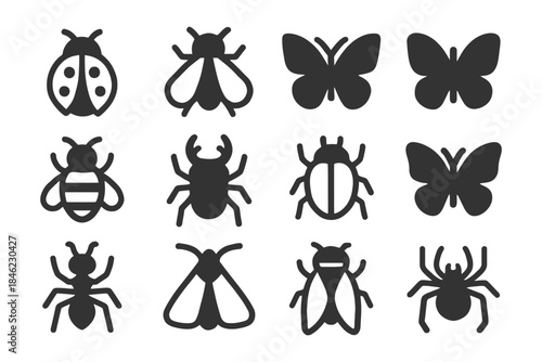 Collection of insect icons: ladybugs, flies, butterflies, bees, beetles, spider, ants.