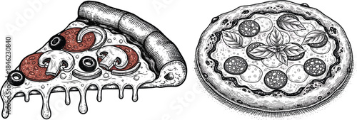 Pizza Food Icon Set Etching Engraving Style Vector Illustration Isolated Vintage Italian Cuisine Design