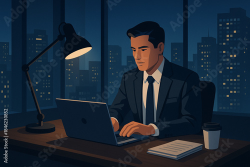 A lone businessman walking at night with a briefcase