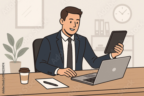 A busy businessman working at a desk with multiple devices