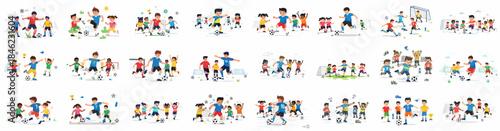 A collection of diverse illustrations showing energetic children playing soccer, practicing skills, scoring goals, and celebrating youth sports teamwork.