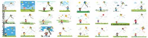 Collection of happy kids flying colorful kites outdoors in parks and fields, enjoying fun childhood games and spring or summer activities.