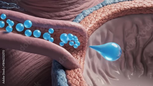 Animated Medical Illustration of Fluid Droplets Entering Biological Cavity with Textured Walls and Blue Lighting Effects, Showing Cellular Transport