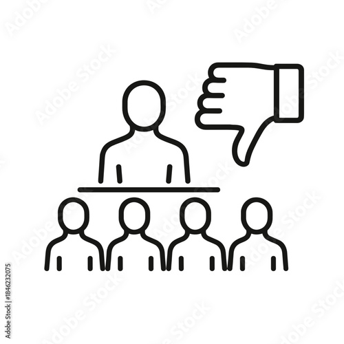 Line icon representing a vote of no confidence. A group of people faces a single figure with a large thumbs-down symbol above, indicating disapproval or rejection by the majority.