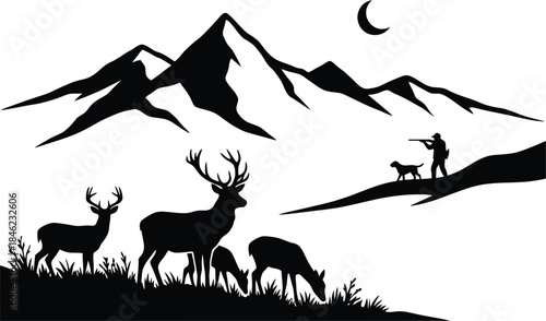 Hunter with dog tracking deer in mountainous landscape