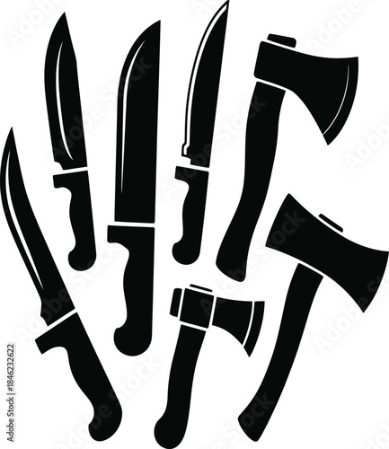 Set of hunting knives and axes arranged neatly, black silhouette bundle