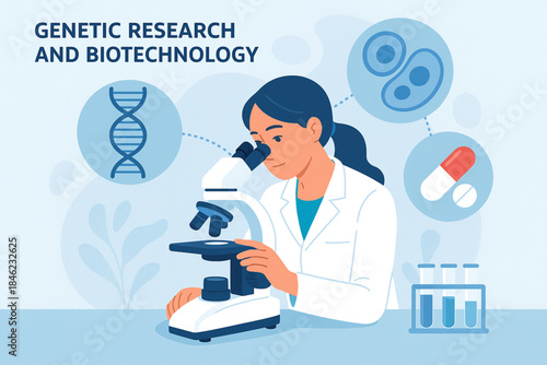 Abstract biotech research illustration with colorful interconnected cellular structures