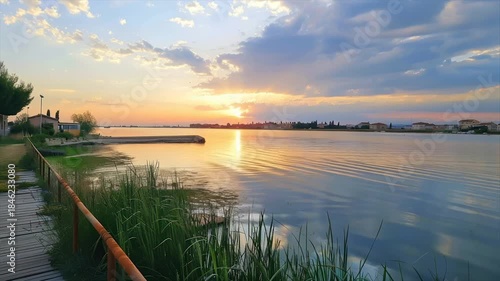 Calm waters reflect a vibrant sunset over a distant shoreline, grassy foreground