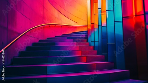 Stunning colorful staircase illuminated by vibrant hues. A blend of art and architecture invites exploration. Experience the beauty of modern design. Generative AI