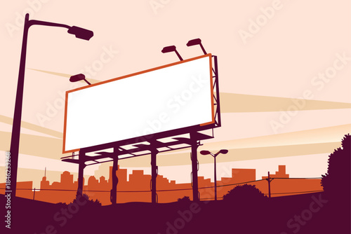 Advertise your brand on a blank billboard against a cityscape at sunset, a perfect template for your marketing campaign and outdoor promotions