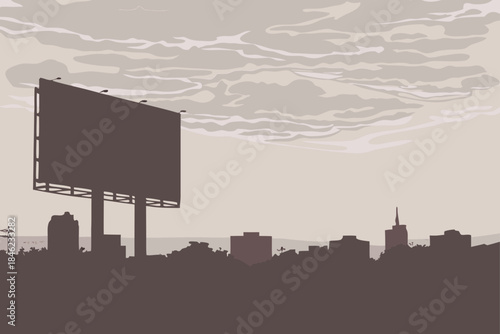 Dramatic billboard silhouette against city skyline with cloudscape, perfect for urban development campaign or advertising concept, modern and minimalist aesthetic