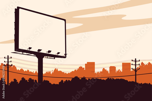 Advertise your brand on a blank billboard in a city skyline, perfect for marketing and promotions, urban landscape with trees and buildings at sunset