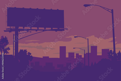 Modern urban skyline silhouette with billboard at twilight, perfect for advertising, city planning, or stylish background designs in trendy color schemes