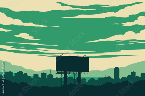 Stunning large billboard silhouette dominates the stylized green cityscape under dramatic layered clouds