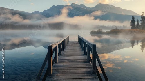 A wooden dock extends into a tranquil lake, reflecting mountains, fog, and the serene dawn sky