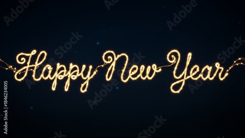 Glowing New Year Wishes: Elegant calligraphy spells out Happy New Year, illuminated by delicate string lights against a deep backdrop, creating a festive atmosphere filled with optimism.