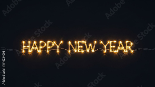 New Year's Illumination: a string of lights illuminates the phrase HAPPY NEW YEAR against a dark backdrop, creating a festive atmosphere.