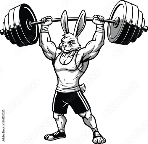 Muscular anthropomorphic rabbit weightlifter fiercely lifting a heavy barbell overhead.