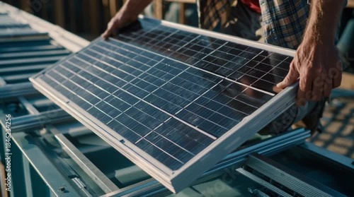 Man installing solar panel on metal structure outdoors