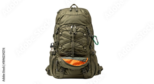 Olive green hiking backpack with front pocket