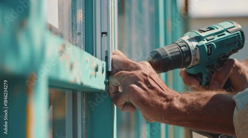 Person using drill on blue wooden structure