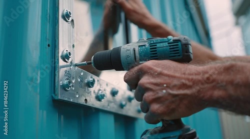 Close-up of worker using power drill on metal plate