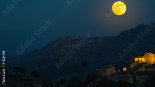 Night landscape with a large yellow moon over a mountainous village