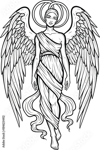 Serene female angel with large feathered wings and a halo depicted in a graceful line art style.