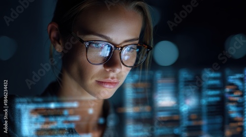 Software coding hologram and woman on tablet.