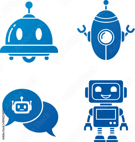 Blue Robot and AI Chatbot Vector Icons Set for Technology Concepts