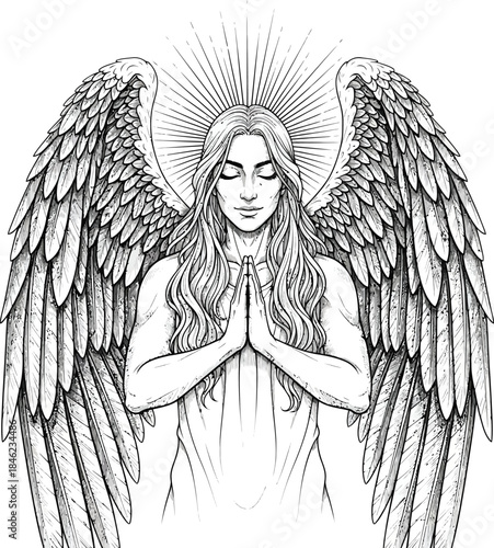 Serene praying angel with large feathered wings and a radiant halo in a detailed black and white line art style.