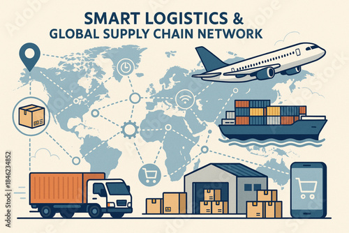 Global supply chain network illustration with connected points and lines