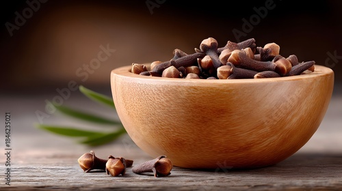 Dried clove buds in wooden bowl on rustic table. Warm spice, cooking ingredient, aroma, seasoning, natural food